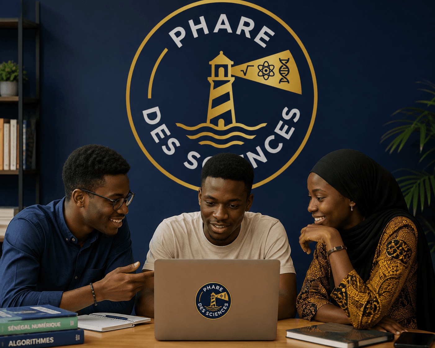 Trois étudiants réunis autour d'un ordinateur portable, devant la fresque du logo PHARE DES SCIENCES